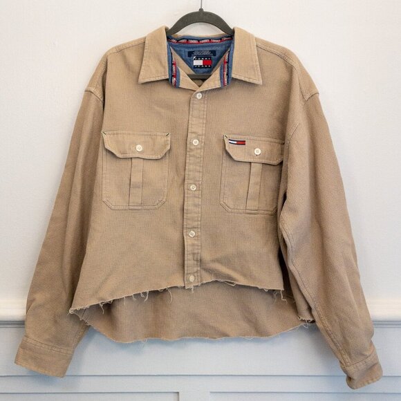Tommy Hilfiger Jeans Beige Cropped Utility Shirt Jacket Waffle Cotton Retro Fit - Picture 2 of 4
